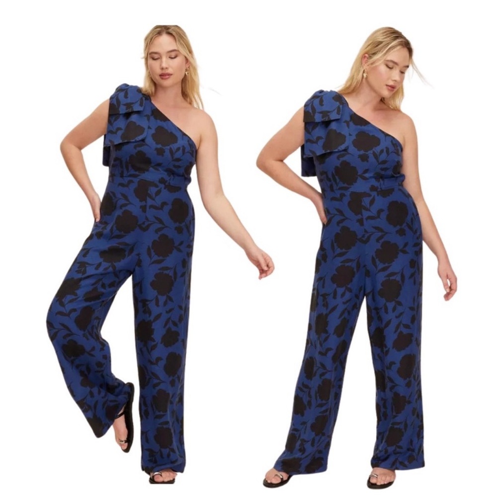 Kate Spade Blue and Black Floral Jumpsuit with Asymmetrical Neckline